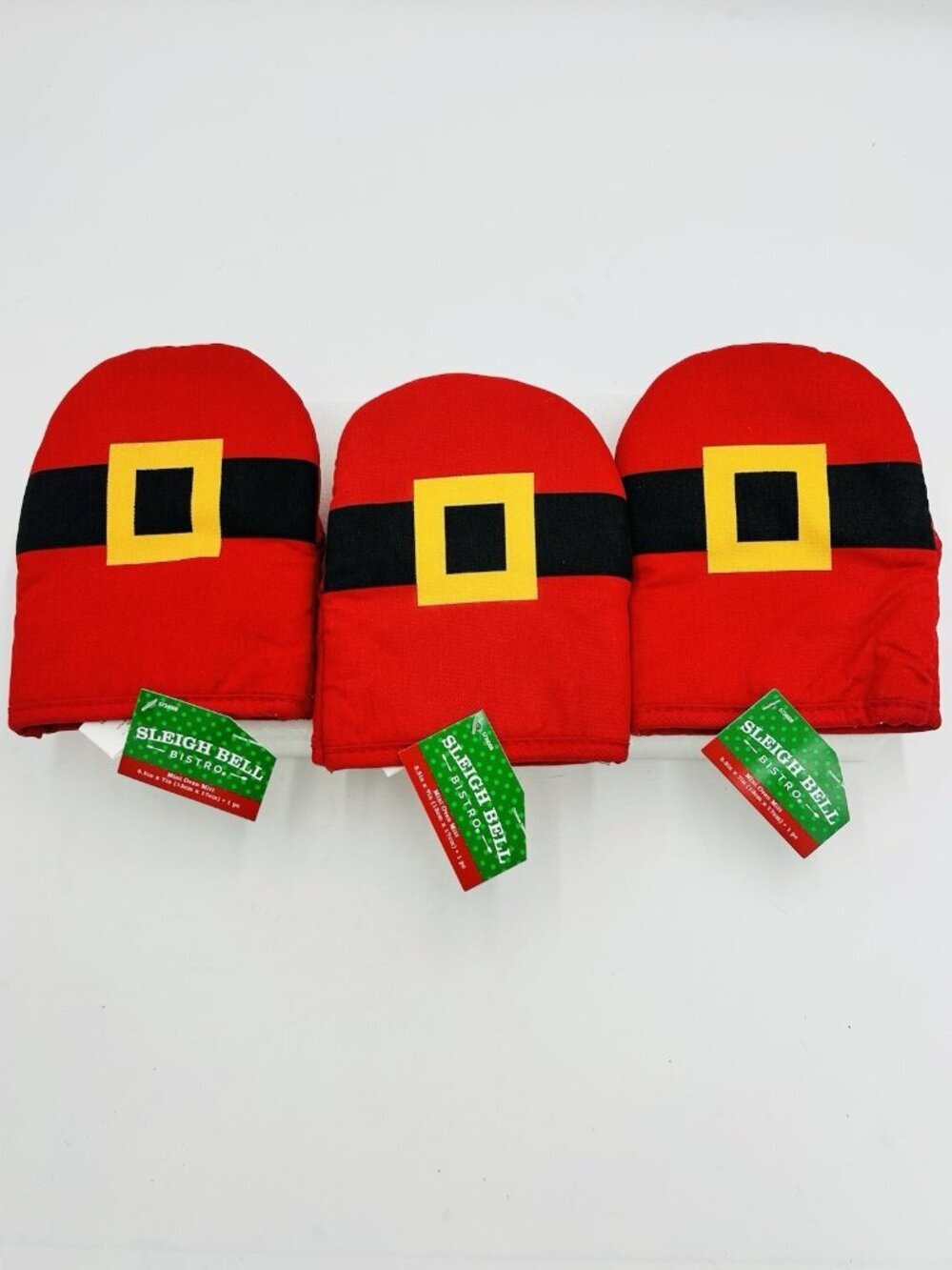 Sleigh Bell Bistro Mini Oven Mitts Santa Belt Set of 3 NEW 5.5" x 7"